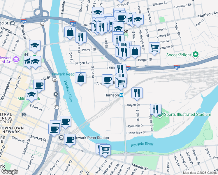 map of restaurants, bars, coffee shops, grocery stores, and more near 301 Somerset Street in Harrison