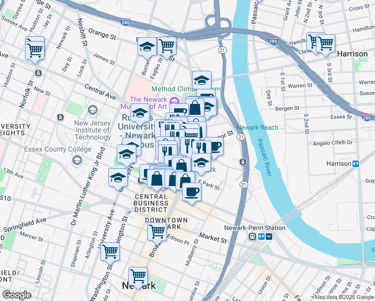 map of restaurants, bars, coffee shops, grocery stores, and more near 10 New Street in Newark