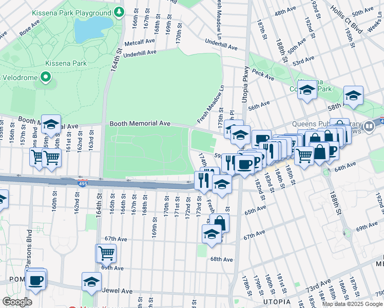 map of restaurants, bars, coffee shops, grocery stores, and more near 59-11 Fresh Meadow Lane in Queens