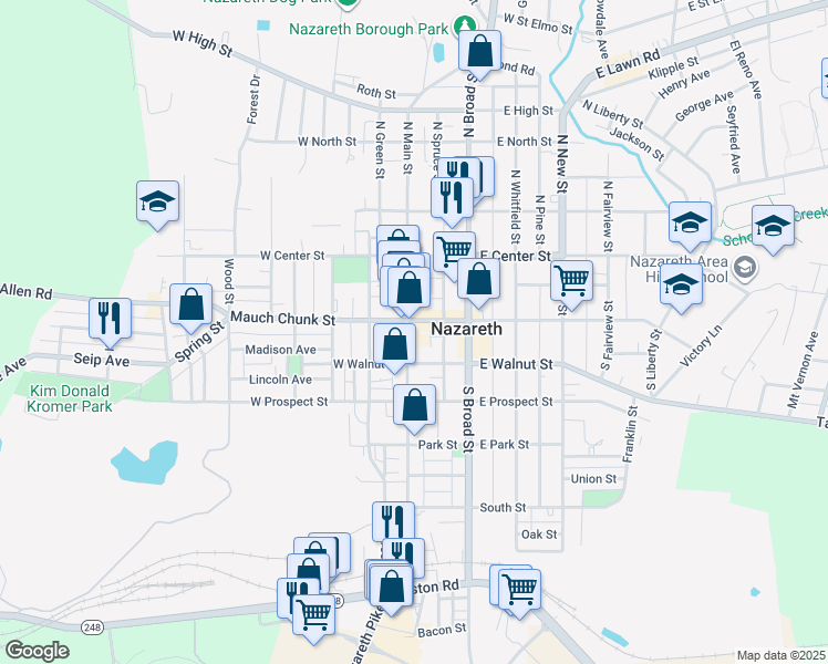 map of restaurants, bars, coffee shops, grocery stores, and more near 122 South Main Street in Nazareth