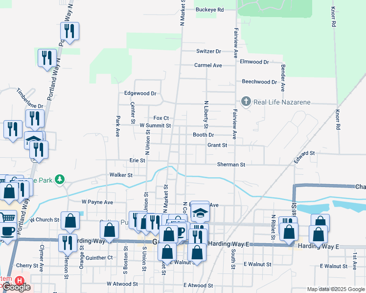 map of restaurants, bars, coffee shops, grocery stores, and more near 536 North Columbus Street in Galion