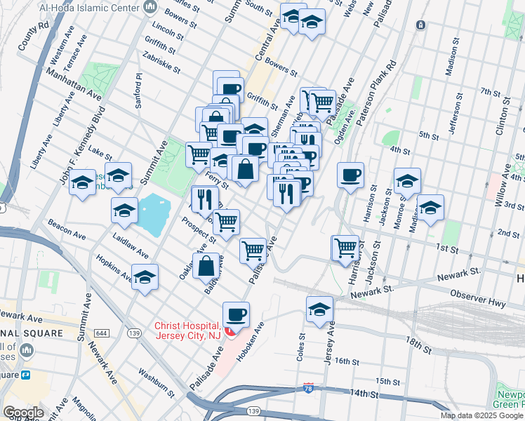 map of restaurants, bars, coffee shops, grocery stores, and more near 325 Palisade Avenue in Jersey City