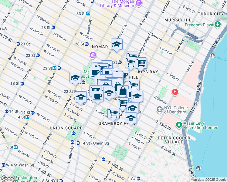 map of restaurants, bars, coffee shops, grocery stores, and more near 18 Lexington Avenue in New York