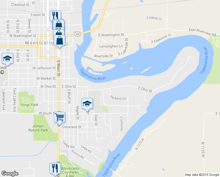 map of restaurants, bars, coffee shops, grocery stores, and more near 501 Hickory Lane in Monticello