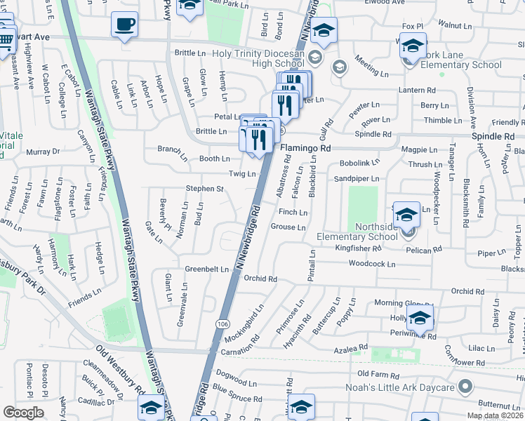 map of restaurants, bars, coffee shops, grocery stores, and more near 602 North Newbridge Road in Levittown