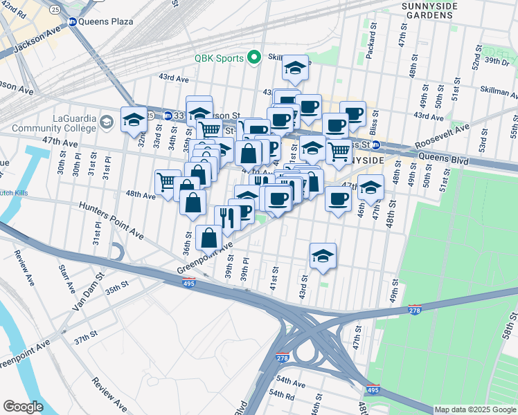 map of restaurants, bars, coffee shops, grocery stores, and more near 39-28 48th Avenue in Queens