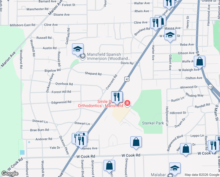 map of restaurants, bars, coffee shops, grocery stores, and more near 597 Crescent Road in Mansfield