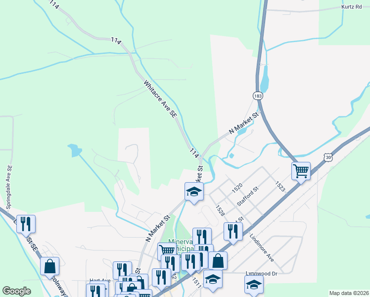 map of restaurants, bars, coffee shops, grocery stores, and more near 4151 Whitacre Avenue Southeast in Minerva
