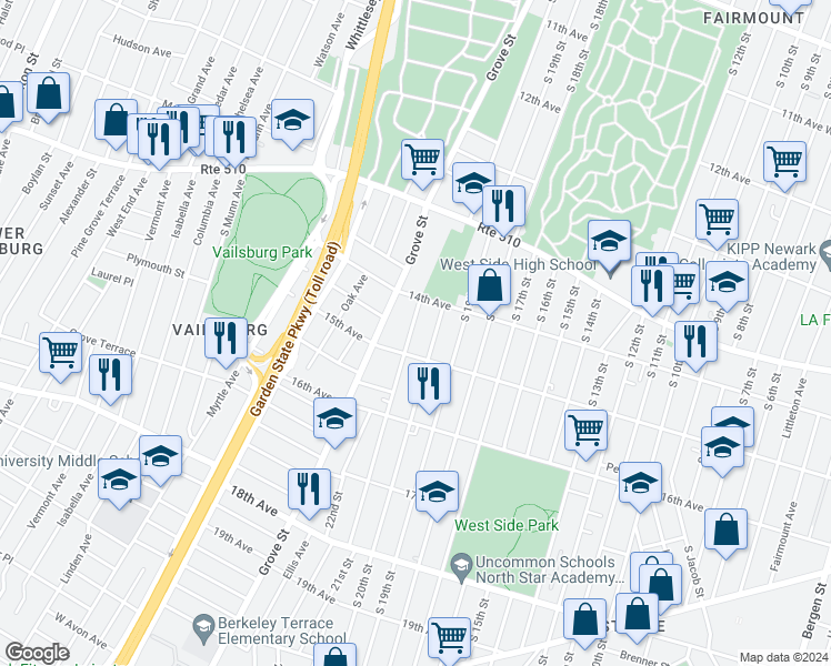 map of restaurants, bars, coffee shops, grocery stores, and more near 96 21st Street in Irvington