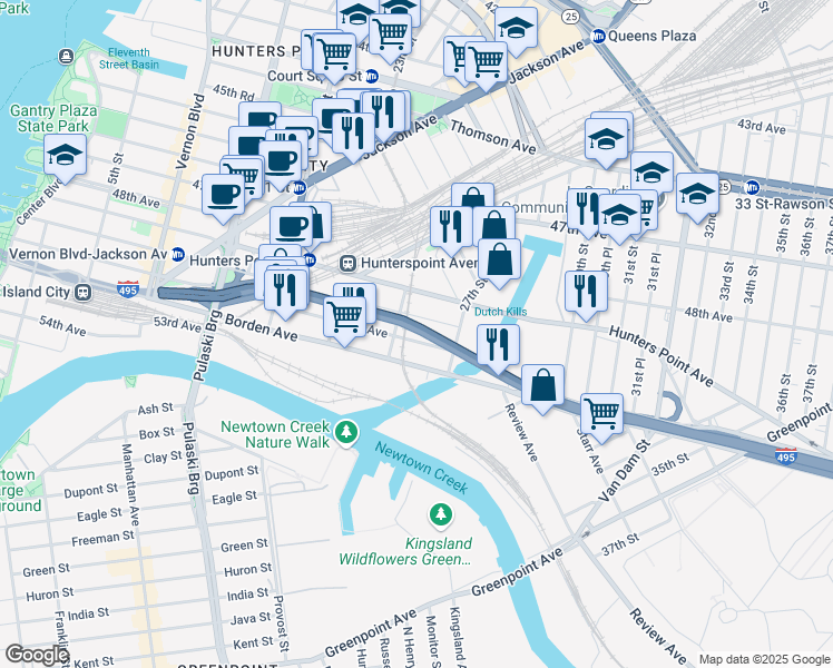 map of restaurants, bars, coffee shops, grocery stores, and more near 200 50th Avenue in Queens