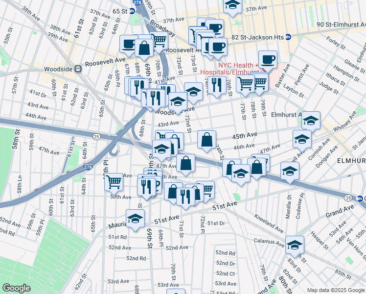 map of restaurants, bars, coffee shops, grocery stores, and more near 70-33 Queens Boulevard in Queens