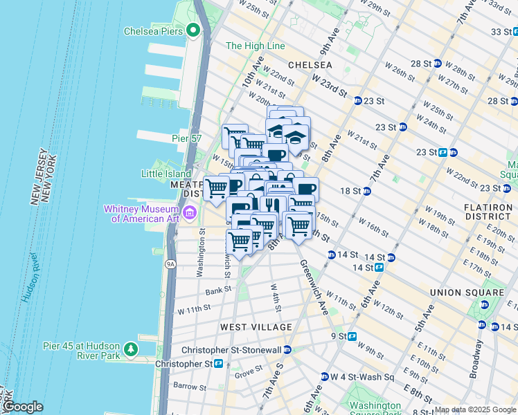 map of restaurants, bars, coffee shops, grocery stores, and more near 2 Gansevoort Street in New York