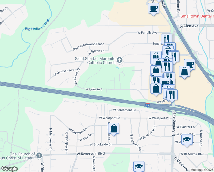 map of restaurants, bars, coffee shops, grocery stores, and more near 3105 West Lake Avenue in Peoria
