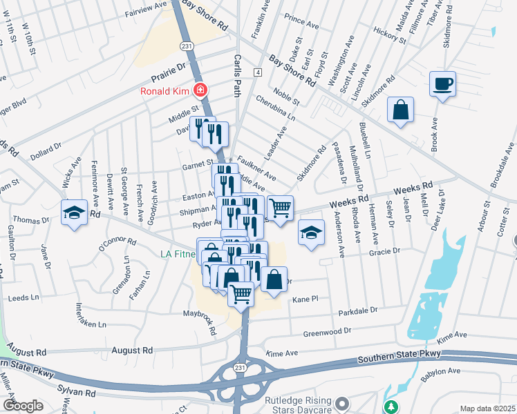 map of restaurants, bars, coffee shops, grocery stores, and more near 303A Weeks Road in North Babylon