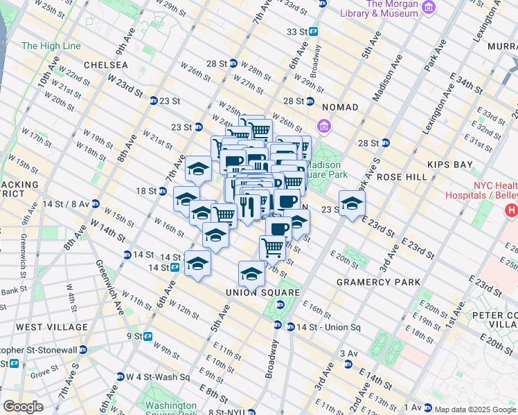 map of restaurants, bars, coffee shops, grocery stores, and more near 20 West 20th Street in New York