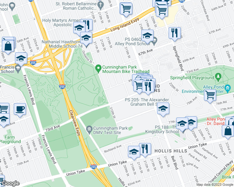 map of restaurants, bars, coffee shops, grocery stores, and more near 211-7 73rd Avenue in Queens