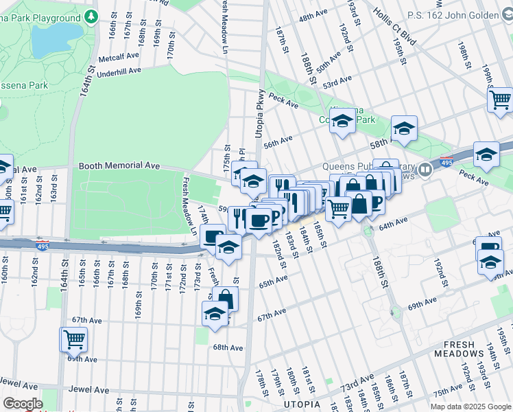 map of restaurants, bars, coffee shops, grocery stores, and more near 58-38 182nd Street in Queens