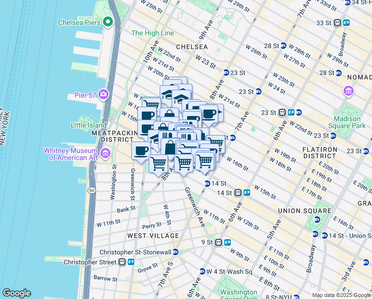 map of restaurants, bars, coffee shops, grocery stores, and more near in New York