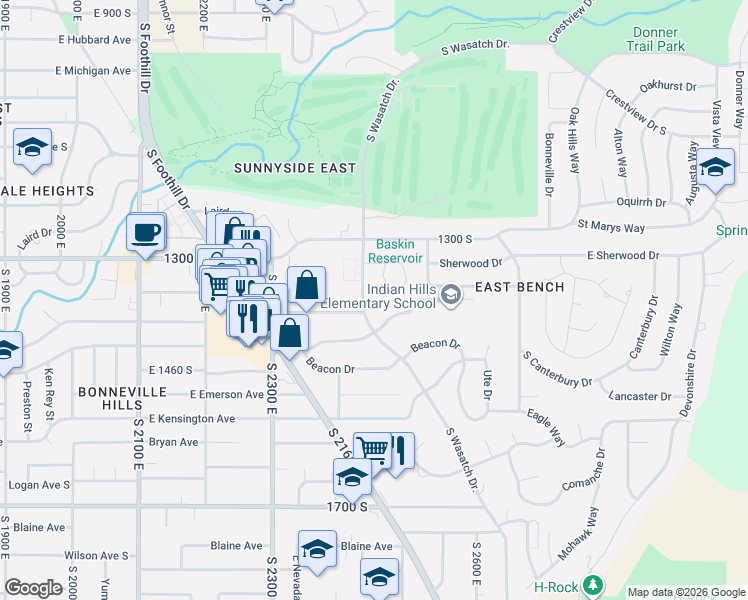 map of restaurants, bars, coffee shops, grocery stores, and more near 1371 Wasatch Drive East in Salt Lake City