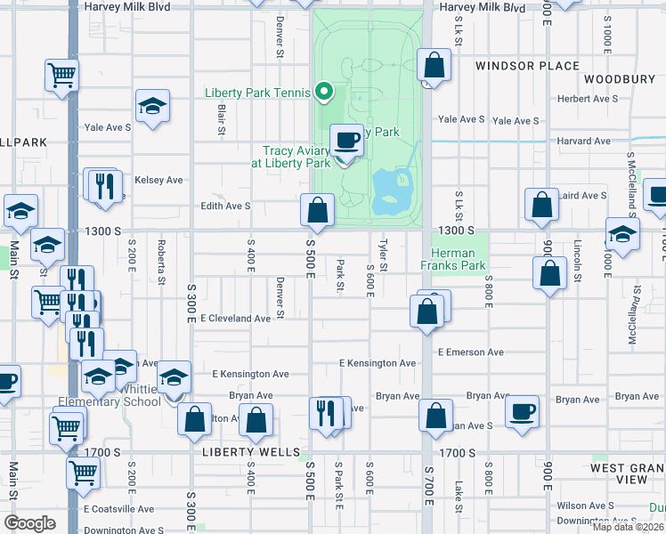 map of restaurants, bars, coffee shops, grocery stores, and more near 1368 Park Street East in Salt Lake City