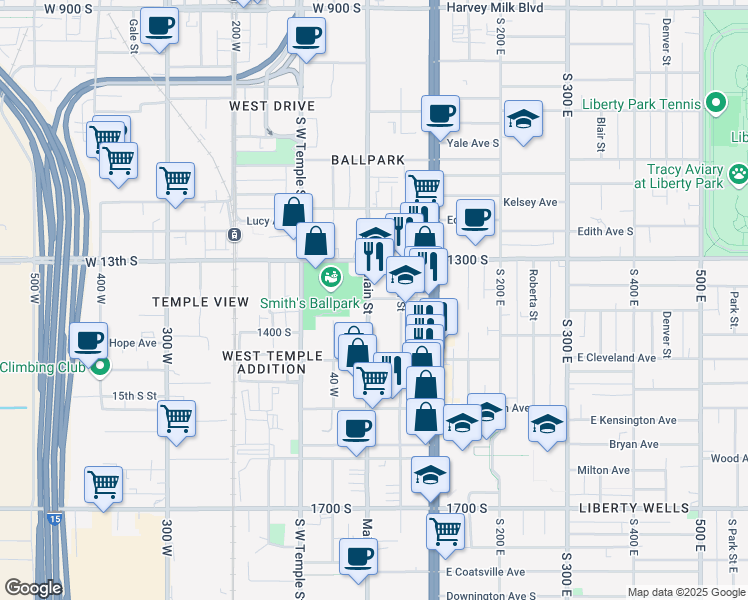 map of restaurants, bars, coffee shops, grocery stores, and more near 1361 South Main Street in Salt Lake City
