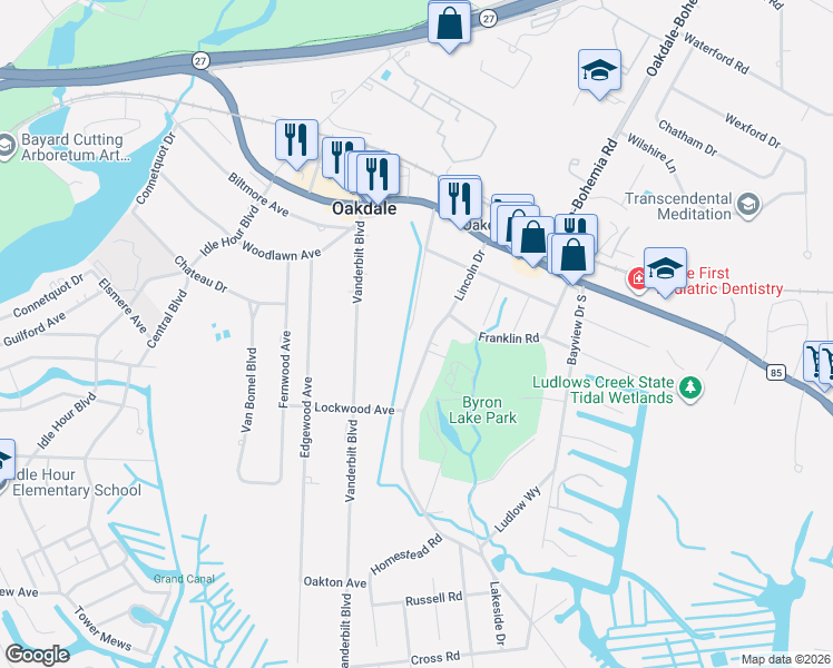 map of restaurants, bars, coffee shops, grocery stores, and more near 71 West Shore Road in Oakdale