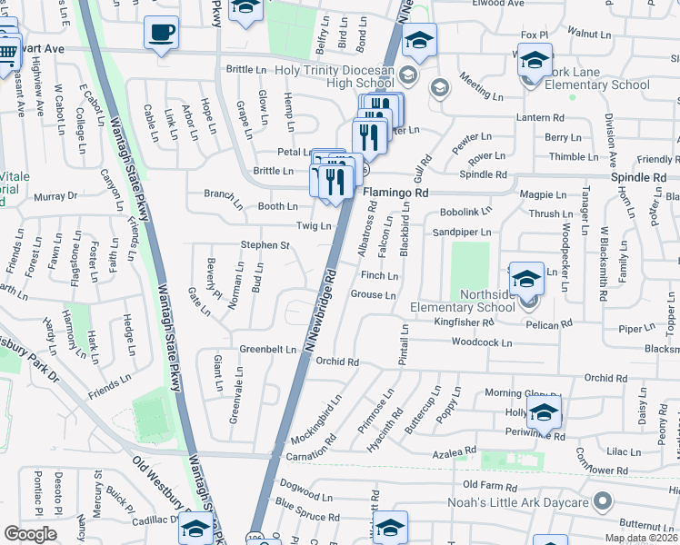 map of restaurants, bars, coffee shops, grocery stores, and more near 602 North Newbridge Road in Levittown