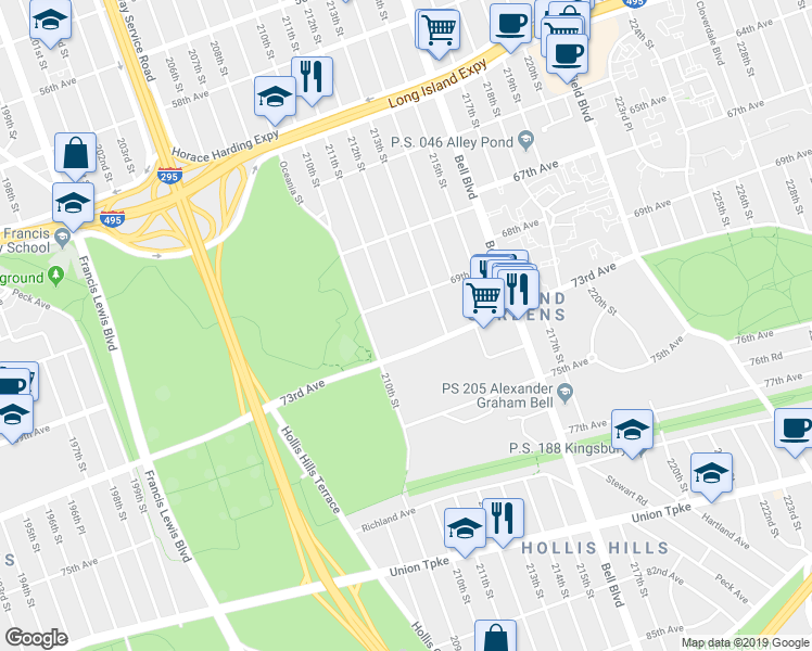 map of restaurants, bars, coffee shops, grocery stores, and more near 211-7 73rd Avenue in Queens