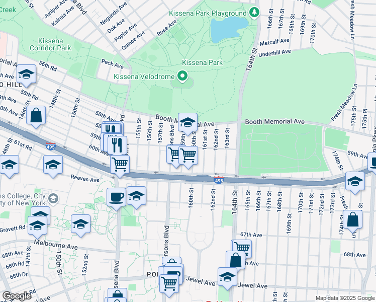 map of restaurants, bars, coffee shops, grocery stores, and more near 59-17 159th Street in Queens