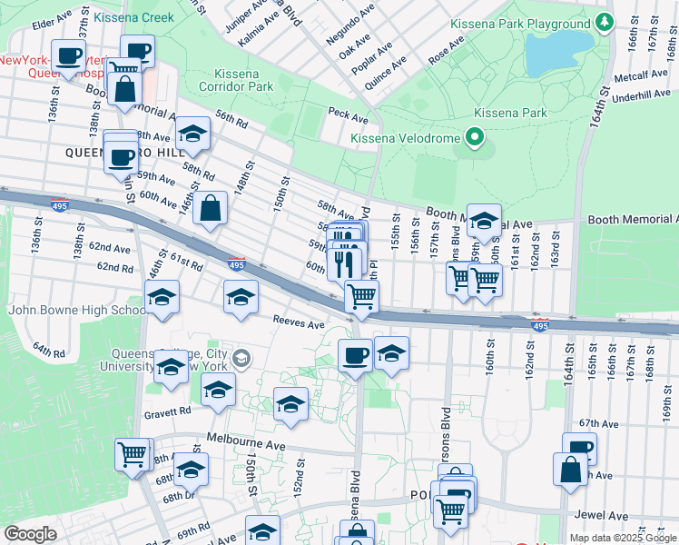 map of restaurants, bars, coffee shops, grocery stores, and more near 5941 Kissena Boulevard in Queens