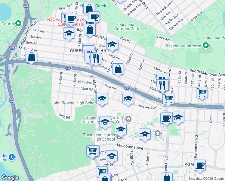 map of restaurants, bars, coffee shops, grocery stores, and more near 40 148th Street in Queens