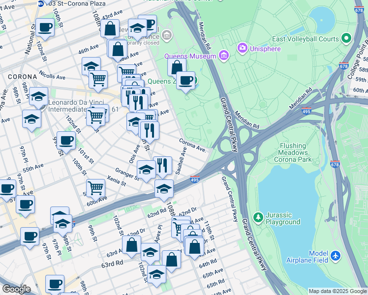map of restaurants, bars, coffee shops, grocery stores, and more near 58-09 Van Cleef Street in Queens