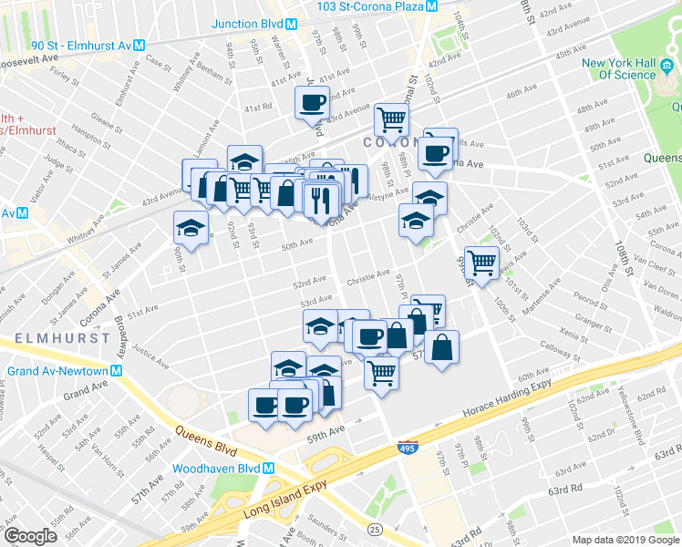 map of restaurants, bars, coffee shops, grocery stores, and more near 52-06 Junction Boulevard in Queens