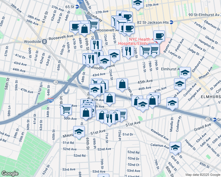 map of restaurants, bars, coffee shops, grocery stores, and more near 70-33 Queens Boulevard in Queens
