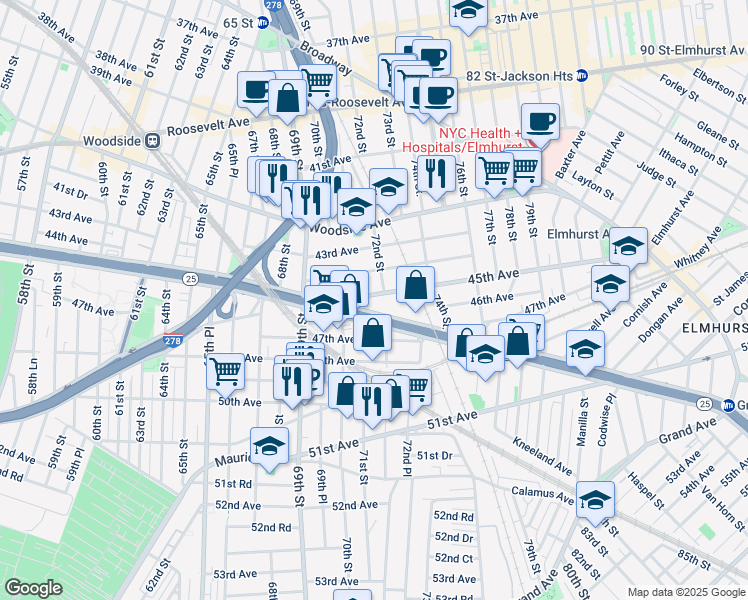 map of restaurants, bars, coffee shops, grocery stores, and more near 70-33 Queens Boulevard in Queens