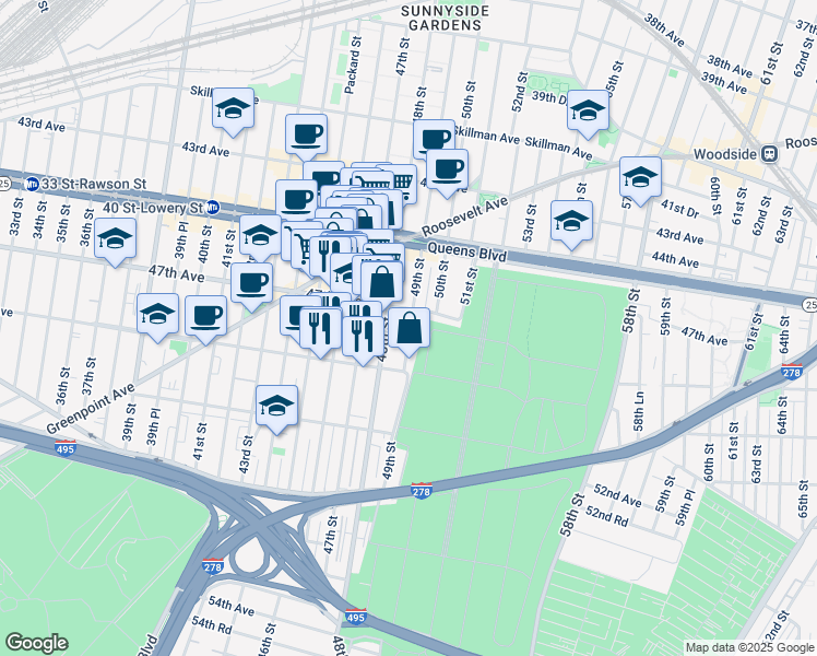 map of restaurants, bars, coffee shops, grocery stores, and more near 47-25 48th Street in Queens