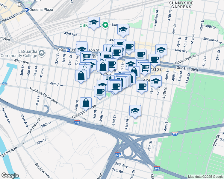 map of restaurants, bars, coffee shops, grocery stores, and more near 40-15 48th Avenue in Queens