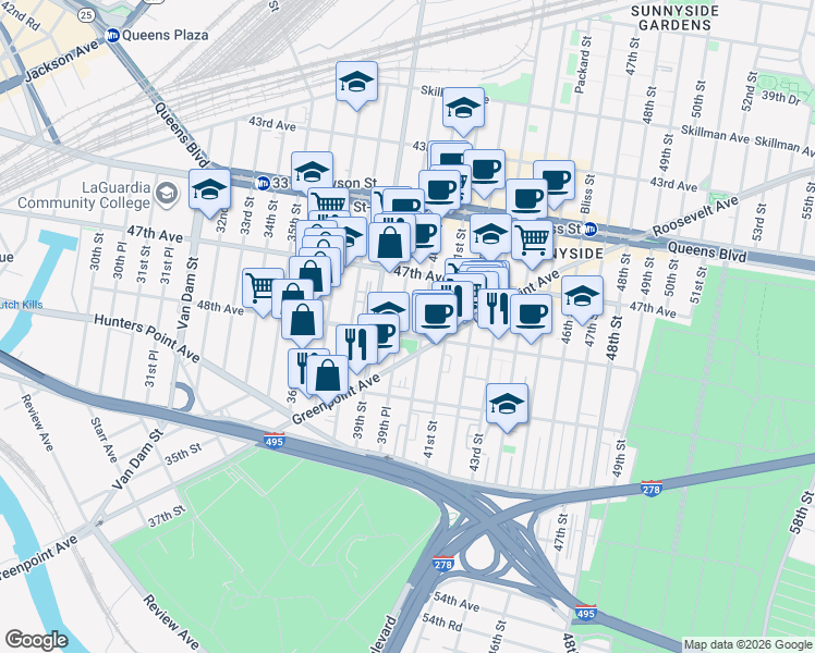 map of restaurants, bars, coffee shops, grocery stores, and more near 39-28 48th Avenue in Queens