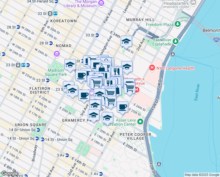map of restaurants, bars, coffee shops, grocery stores, and more near 123 5th Avenue in New York