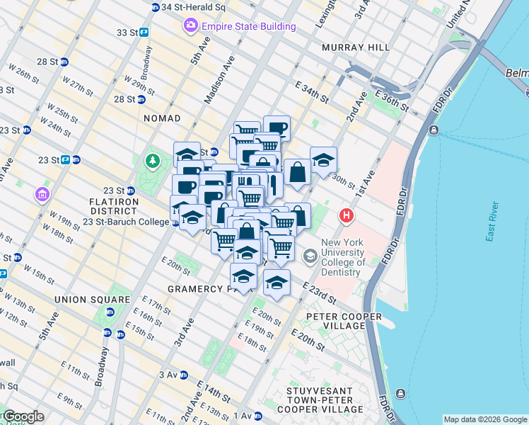 map of restaurants, bars, coffee shops, grocery stores, and more near in New York