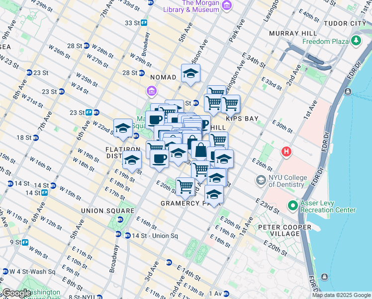 map of restaurants, bars, coffee shops, grocery stores, and more near 55 Lexington Avenue in New York