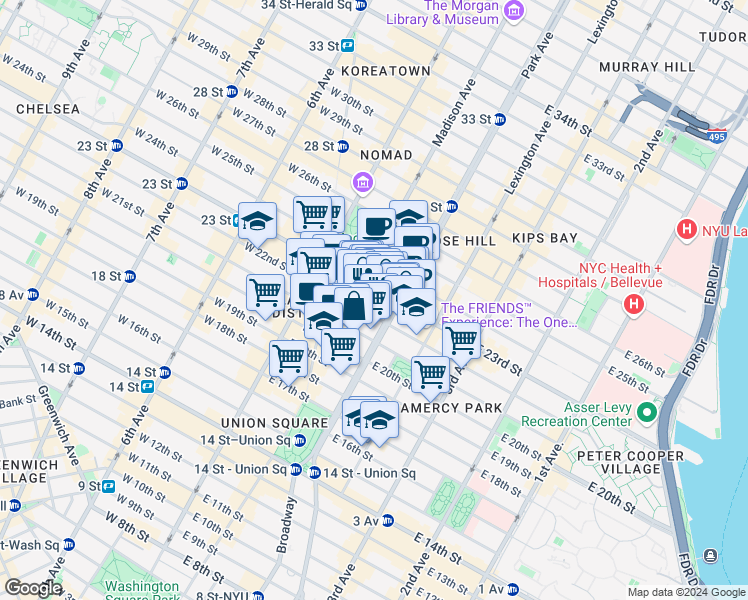 map of restaurants, bars, coffee shops, grocery stores, and more near in New York