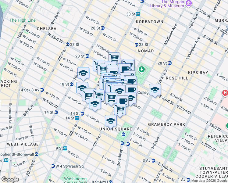 map of restaurants, bars, coffee shops, grocery stores, and more near 20 West 20th Street in New York