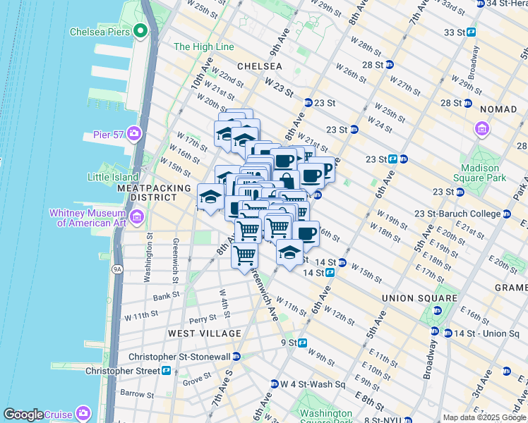 map of restaurants, bars, coffee shops, grocery stores, and more near 228 West 15th Street in New York