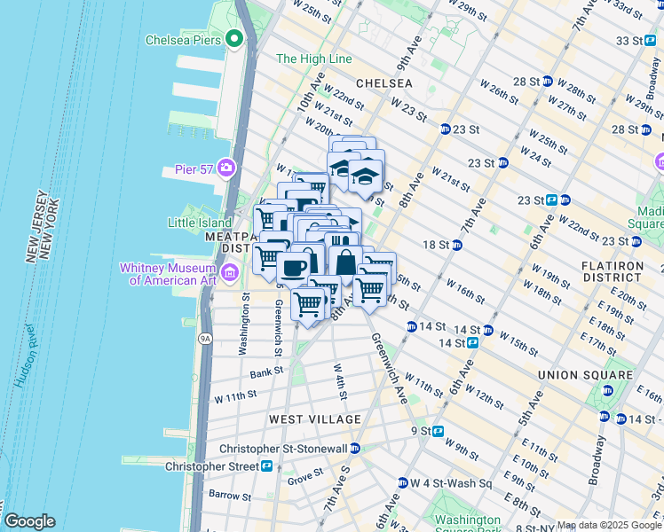 map of restaurants, bars, coffee shops, grocery stores, and more near 2 Gansevoort Street in New York