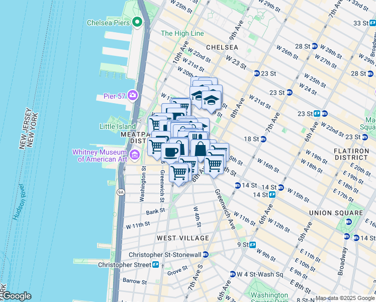 map of restaurants, bars, coffee shops, grocery stores, and more near 2 Gansevoort Street in New York