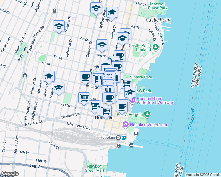 map of restaurants, bars, coffee shops, grocery stores, and more near 235 Bloomfield Street in Hoboken