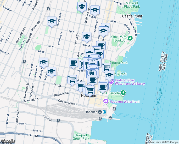 map of restaurants, bars, coffee shops, grocery stores, and more near 235 Bloomfield Street in Hoboken