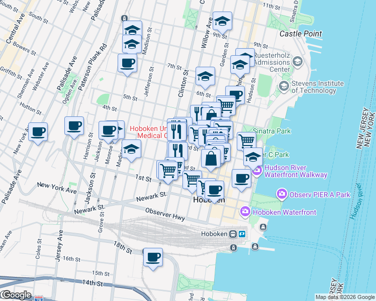 map of restaurants, bars, coffee shops, grocery stores, and more near 223 Park Avenue in Hoboken