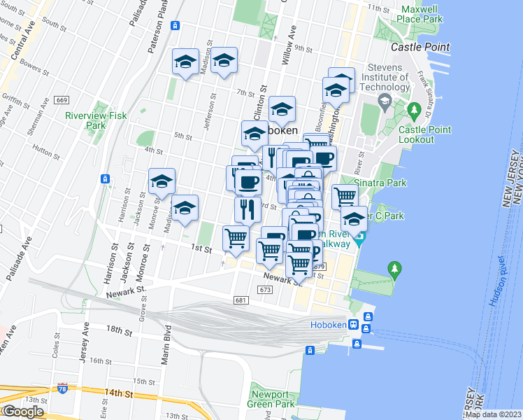 map of restaurants, bars, coffee shops, grocery stores, and more near 223 Park Avenue in Hoboken
